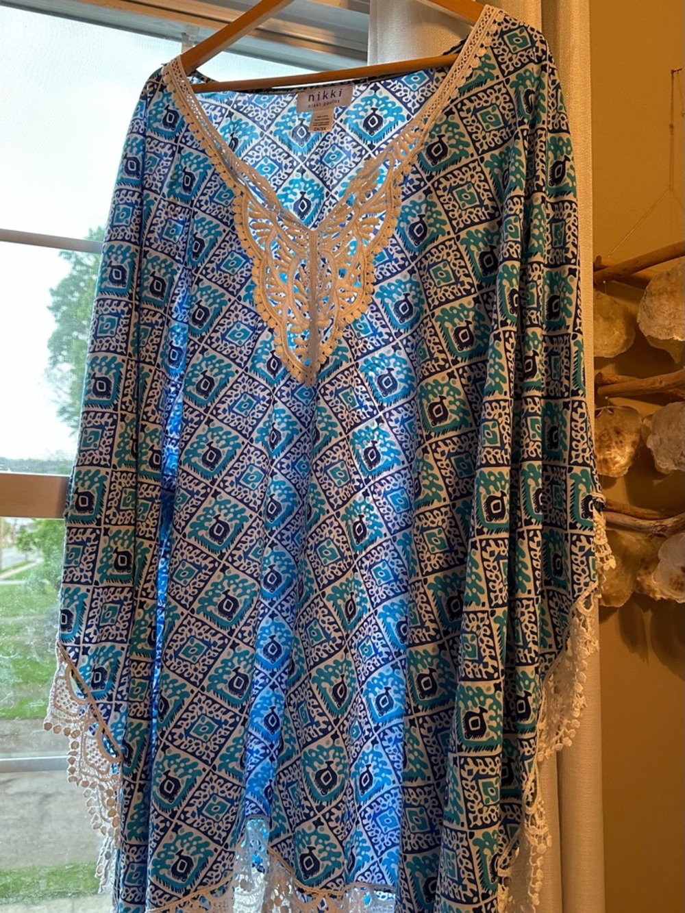 nikki Blue & Teal Printed Boho Tunic with Crochet Trim
